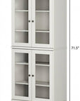 72" Off White Solid Wood Adjustable Six Tier Library Bookcase with Four Doors