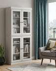 72" Off White Solid Wood Adjustable Six Tier Library Bookcase with Four Doors