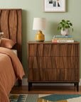 26" Walnut Wood Ribbed Texture Three Drawer Nightstand