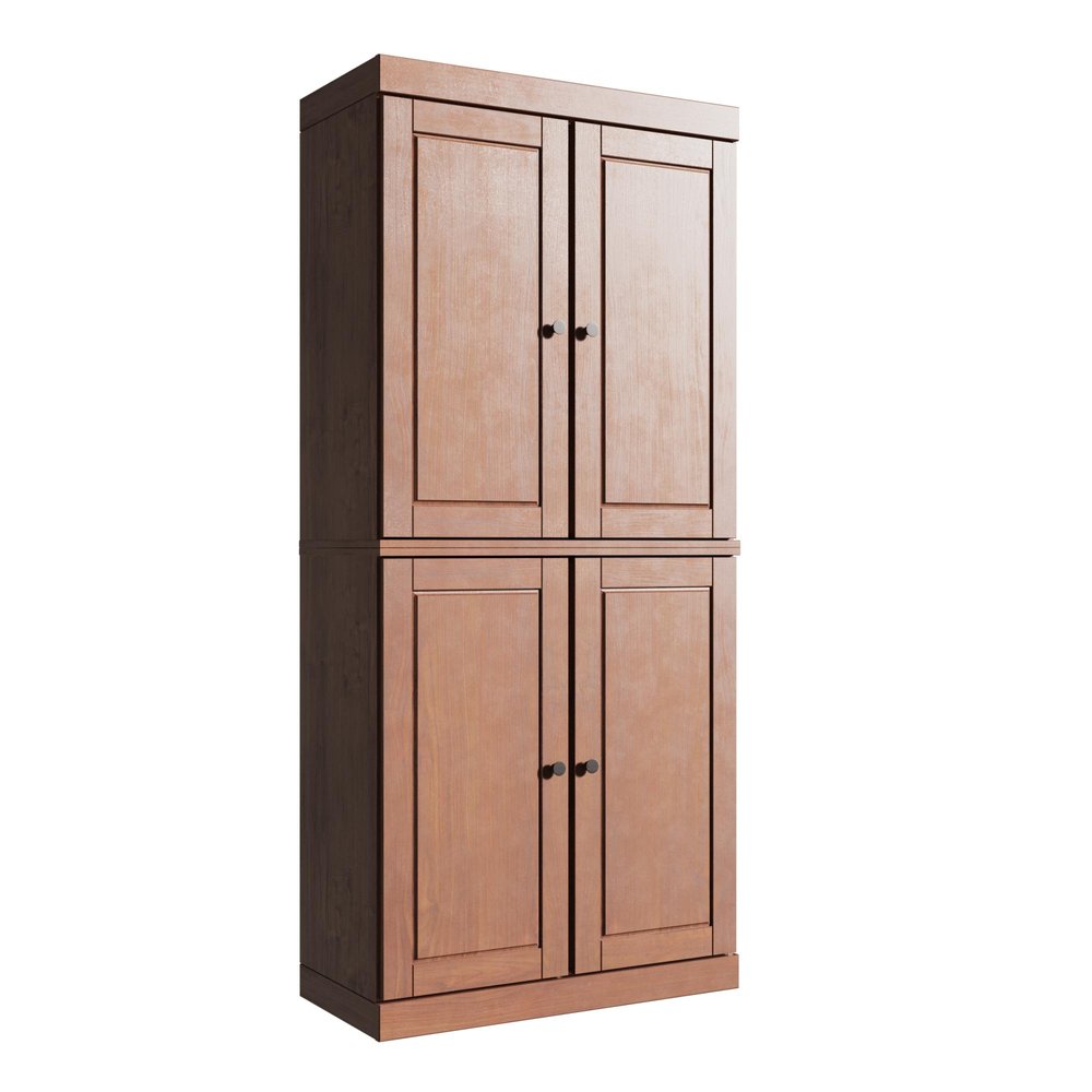 72" Coffee Solid Wood Adjustable Six Tier Library Bookcase with Four Doors