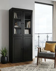 72" Black Solid Wood Adjustable Six Tier Library Bookcase with Four Doors