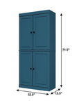72" Teal Blue Solid Wood Adjustable Six Tier Library Bookcase with Four Doors