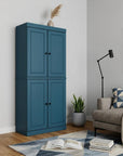 72" Teal Blue Solid Wood Adjustable Six Tier Library Bookcase with Four Doors