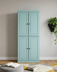 72" Aqua Solid Wood Adjustable Six Tier Library Bookcase with Four Doors