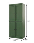 72" Green Solid Wood Adjustable Six Tier Library Bookcase with Four Doors