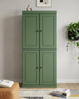 72" Green Solid Wood Adjustable Six Tier Library Bookcase with Four Doors