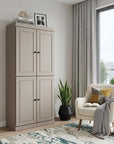 72" Beige Solid Wood Adjustable Six Tier Library Bookcase with Four Doors