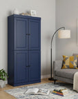 72" Navy Blue Solid Wood Adjustable Six Tier Library Bookcase with Four Doors