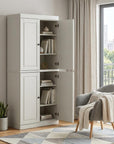 72" Off White Solid Wood Adjustable Six Tier Library Bookcase with Four Doors