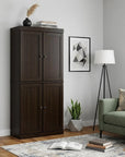 72" Espresso Solid Wood Adjustable Six Tier Library Bookcase with Four Doors