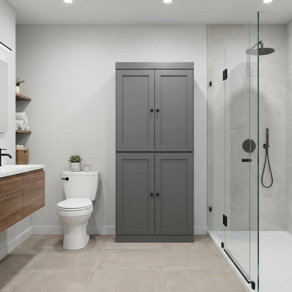 32" Gray Solid Wood Four Door Linen Cabinet