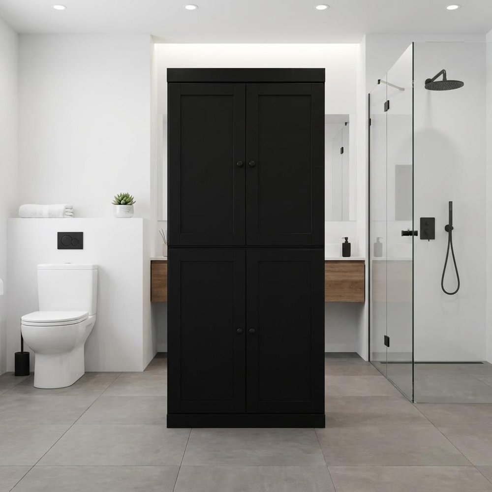 32" Black Solid Wood Four Door Linen Cabinet