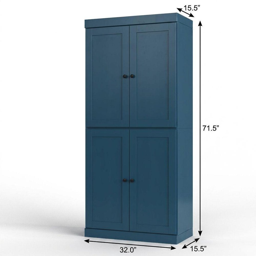 32" Teal Blue Solid Wood Four Door Linen Cabinet