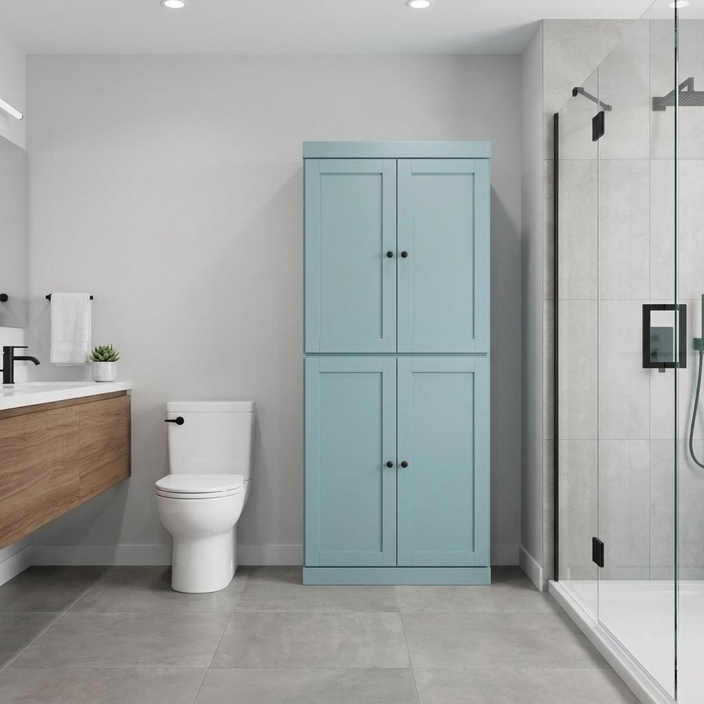32" Aqua Solid Wood Four Door Linen Cabinet