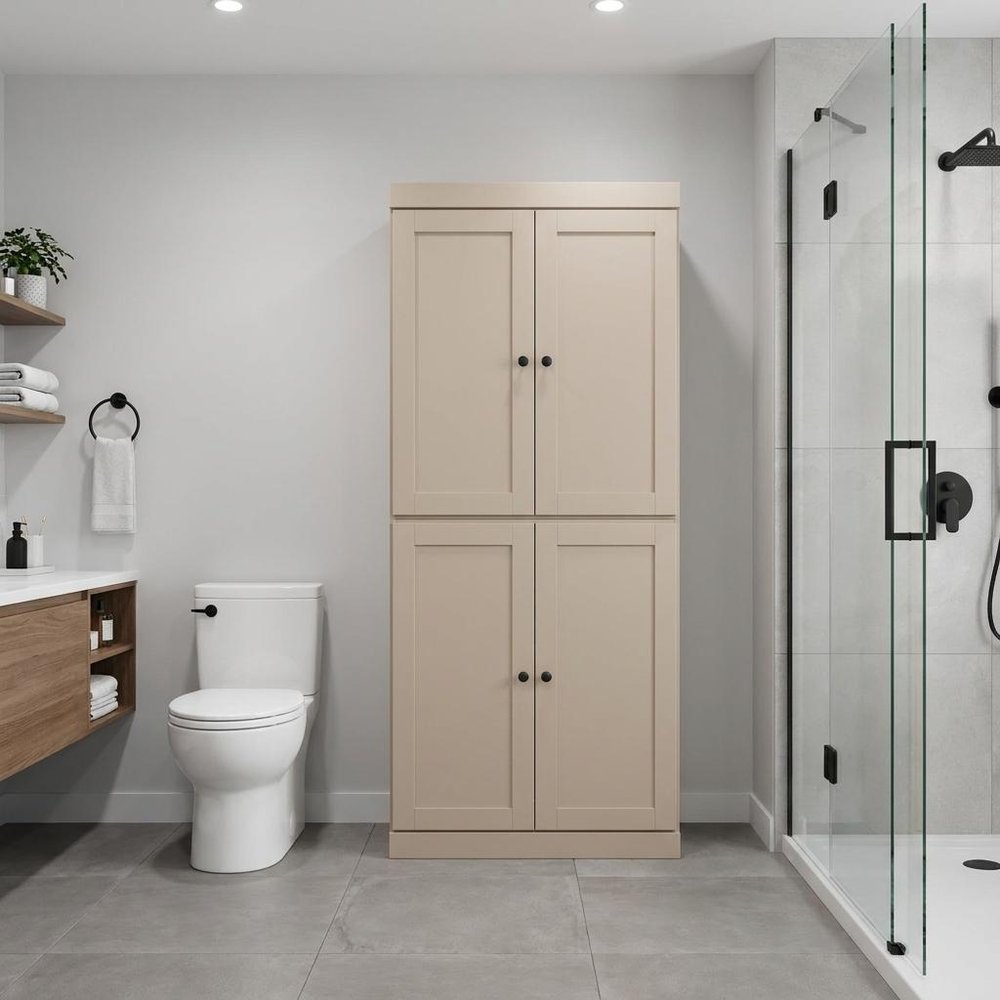 32" Beige Solid Wood Four Door Linen Cabinet