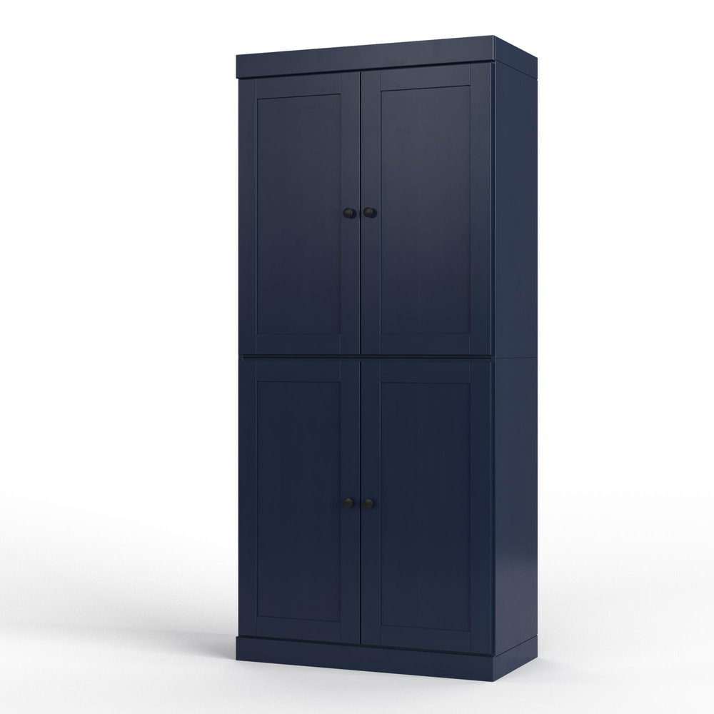 32" Navy Blue Solid Wood Four Door Linen Cabinet