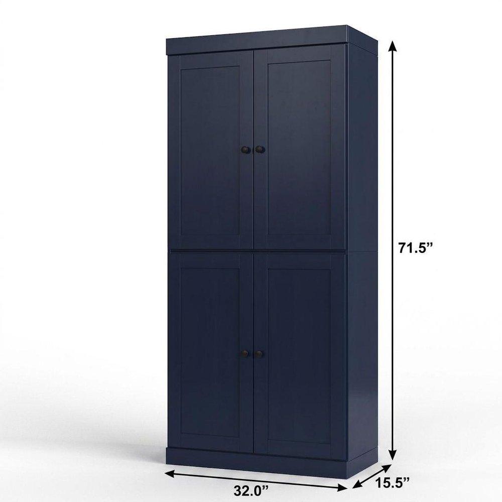 32" Navy Blue Solid Wood Four Door Linen Cabinet