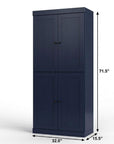 32" Navy Blue Solid Wood Four Door Linen Cabinet