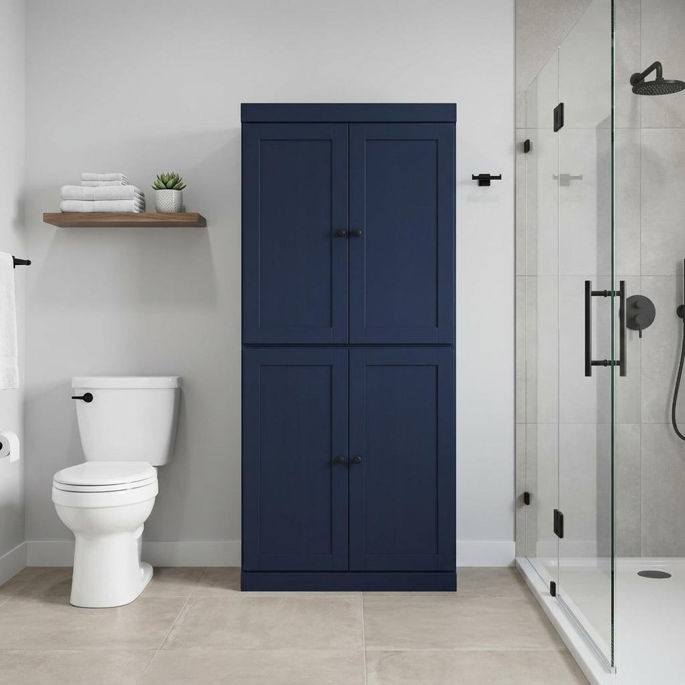 32" Navy Blue Solid Wood Four Door Linen Cabinet