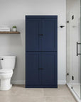 32" Navy Blue Solid Wood Four Door Linen Cabinet