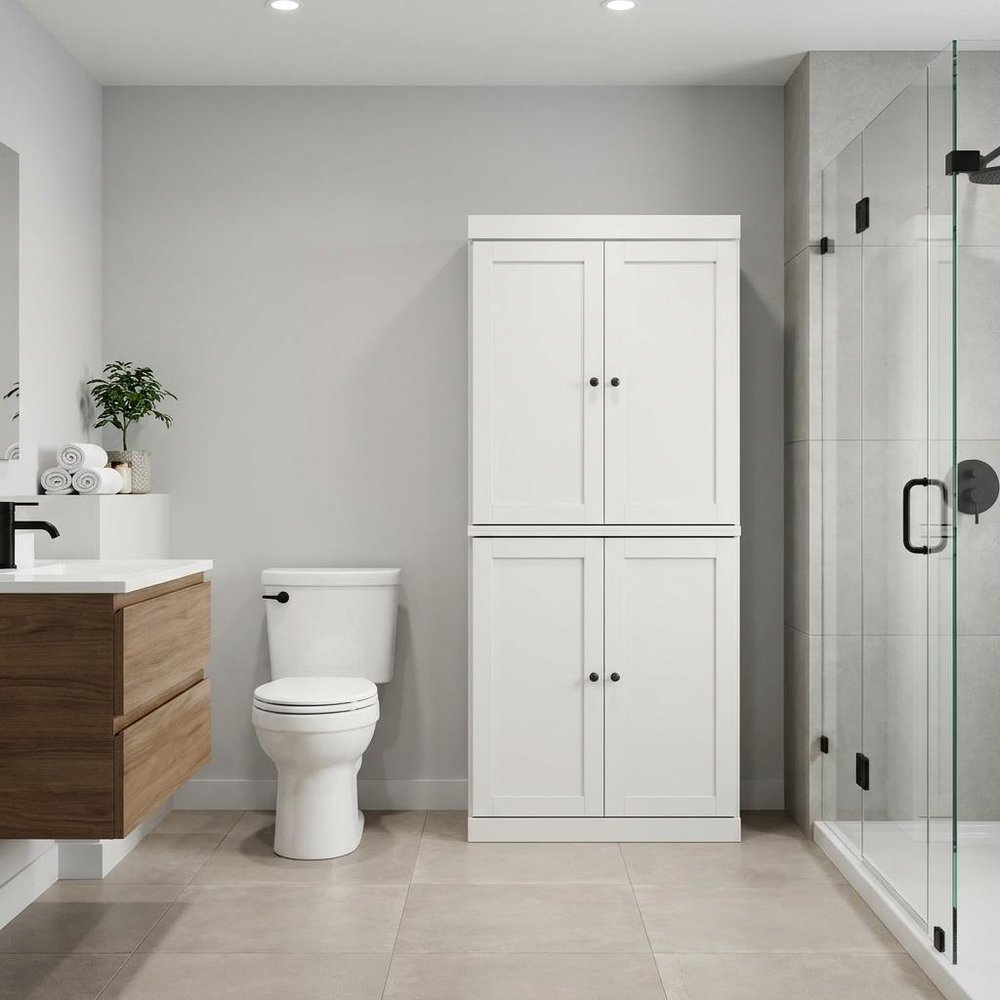 32" Off White Solid Wood Four Door Linen Cabinet