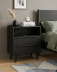 26" Black Wood Two Drawer Nightstand with USB Port and Integrated Tech