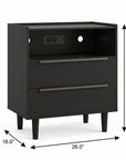 26" Black Wood Two Drawer Nightstand with USB Port and Integrated Tech