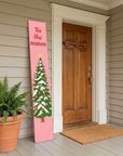 59" Green Pink And White Solid Wood Christmas Christmas Tree Porch Sign