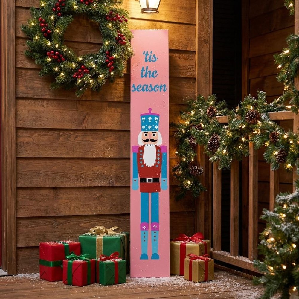 47" Blue And Pink Solid Wood Tis The Season Christmas Nutcracker Porch Sign