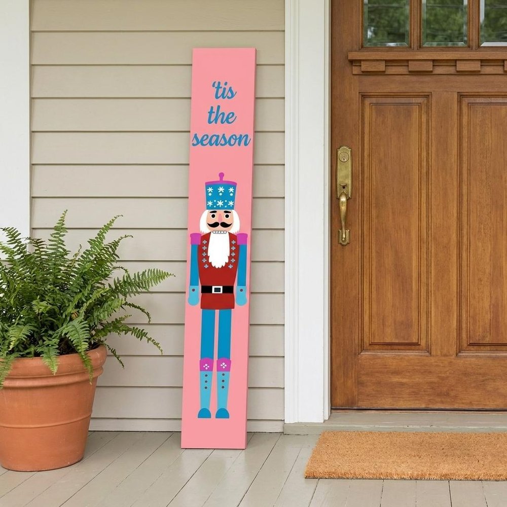 47" Blue And Pink Solid Wood Tis The Season Christmas Nutcracker Porch Sign