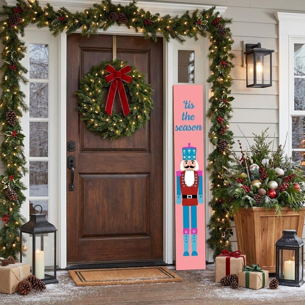 47" Blue And Pink Solid Wood Tis The Season Christmas Nutcracker Porch Sign