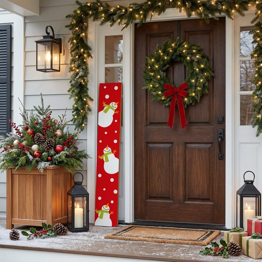 47" Red And White Solid Wood Snowman Porch Sign