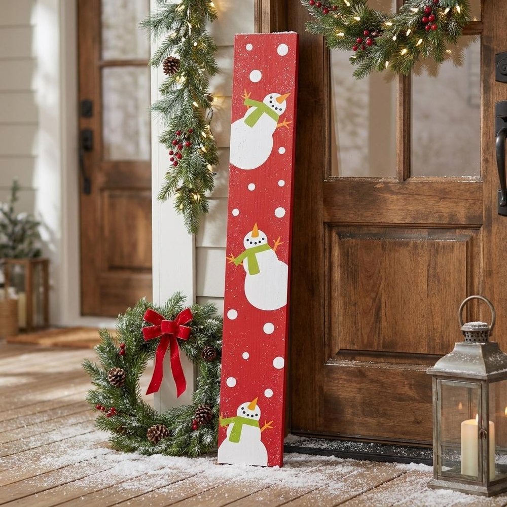 47" Red And White Solid Wood Snowman Porch Sign