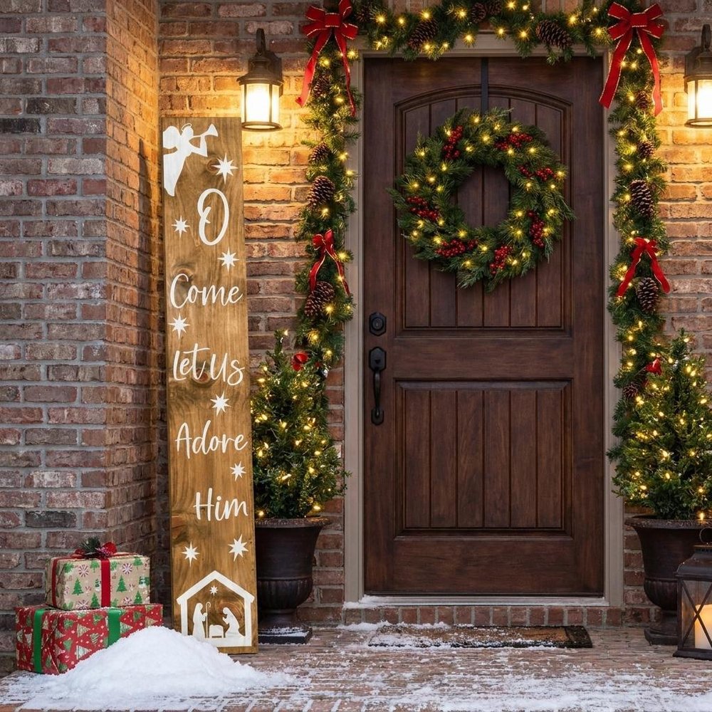 47" Natural And White Solid Wood Christmas Nativity Porch Sign