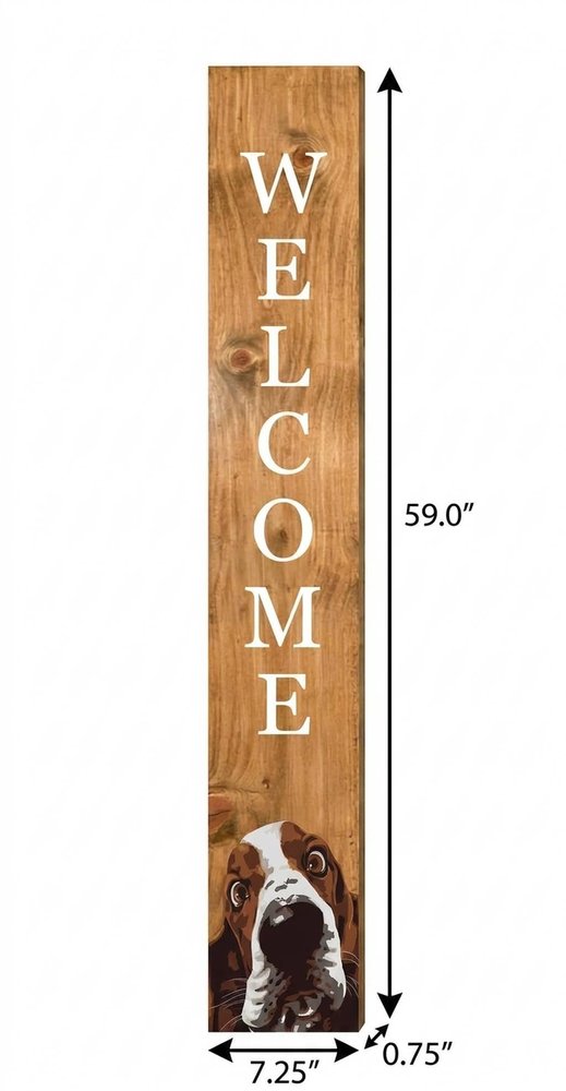 47" Natural And White Solid Wood Basset Hound Welcome Porch Sign