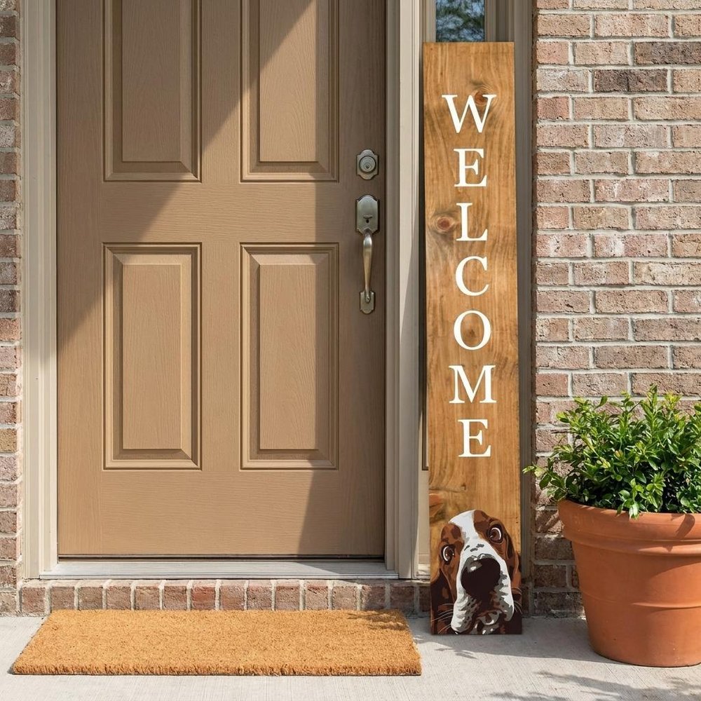 47" Natural And White Solid Wood Basset Hound Welcome Porch Sign