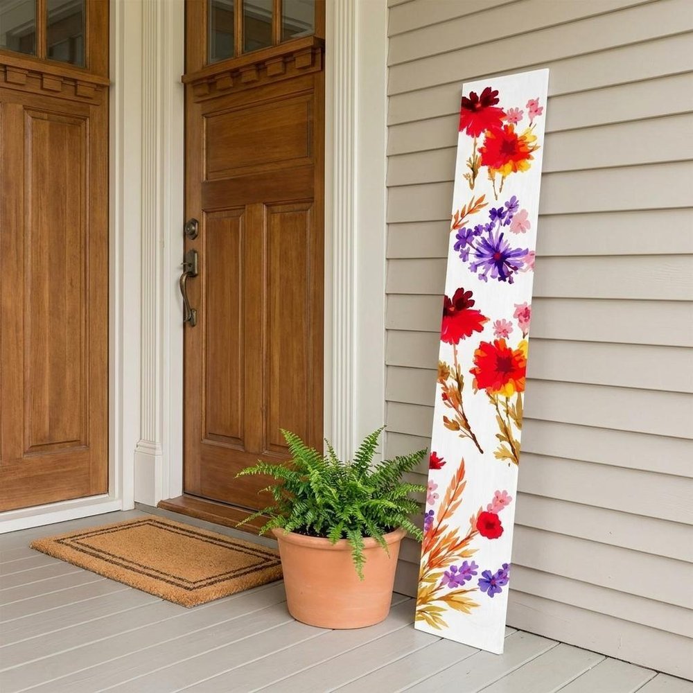47" White Red And Purple Solid Wood Floral Bouquet Porch Sign