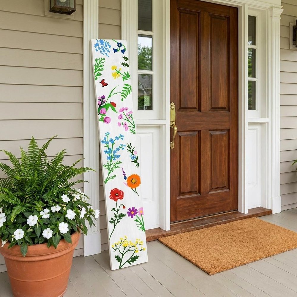 47" White Blue And Green Solid Wood Floral Bouquet Porch Sign