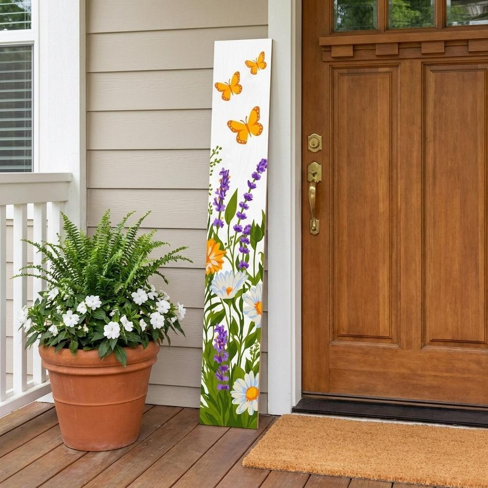 47" White Green And Yellow Solid Wood Daisies Porch Sign