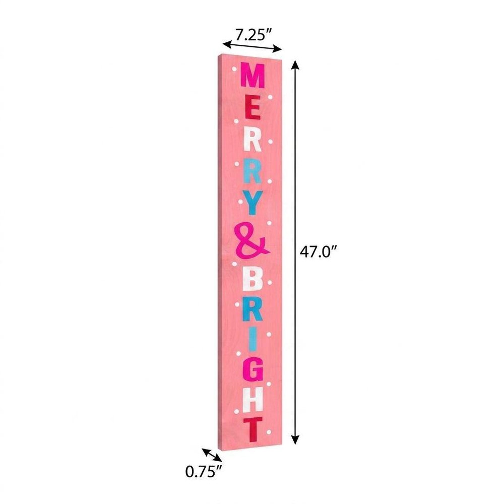 47" Pink And White Solid Wood Merry &amp; Bright Christmas Snow Scene Porch Sign