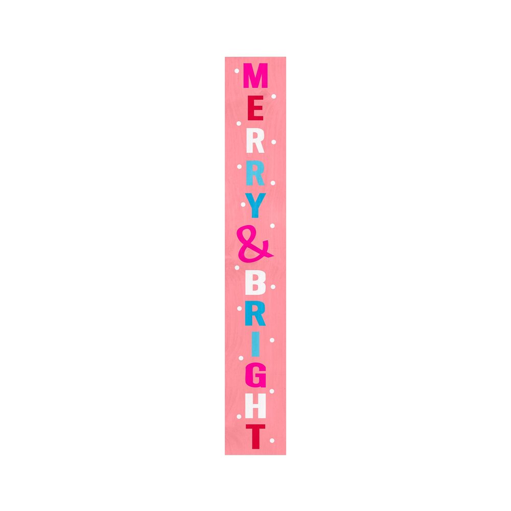 59" Pink And White Solid Wood Merry &amp; Bright Christmas Snow Scene Porch Sign