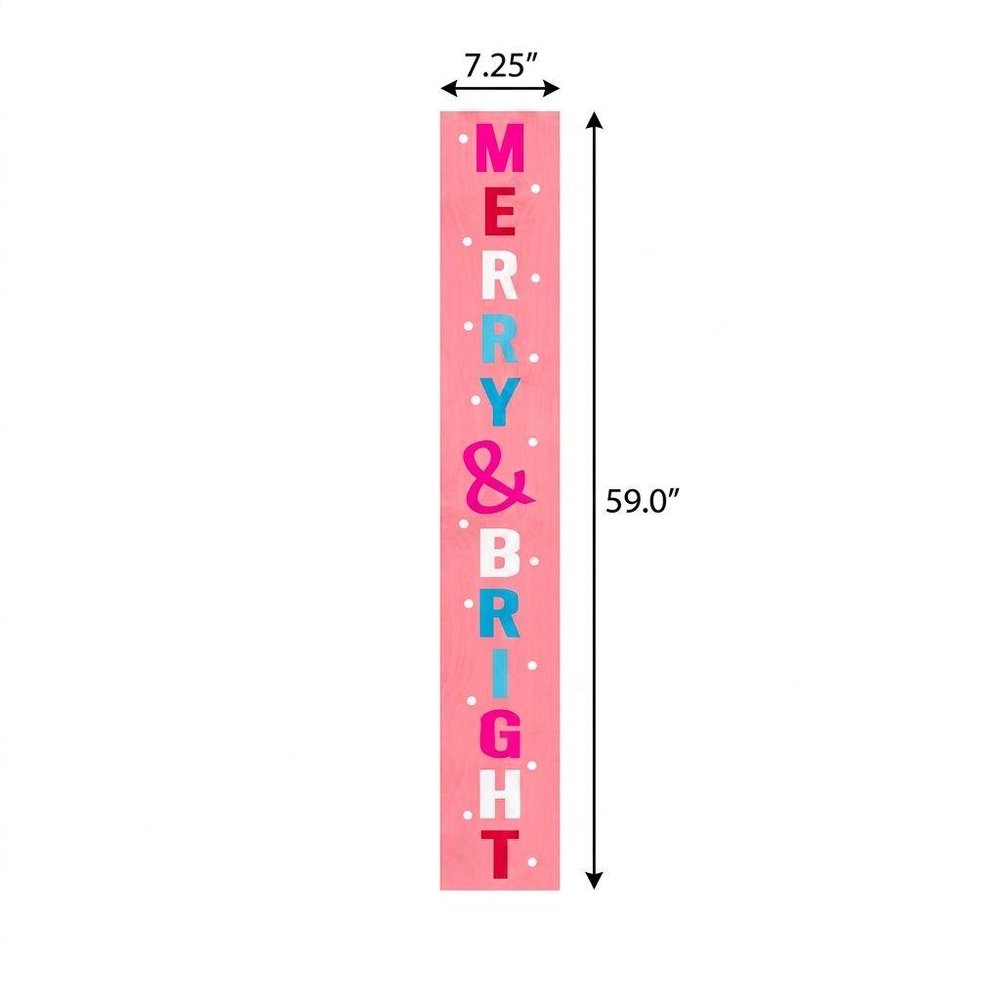 59" Pink And White Solid Wood Merry &amp; Bright Christmas Snow Scene Porch Sign
