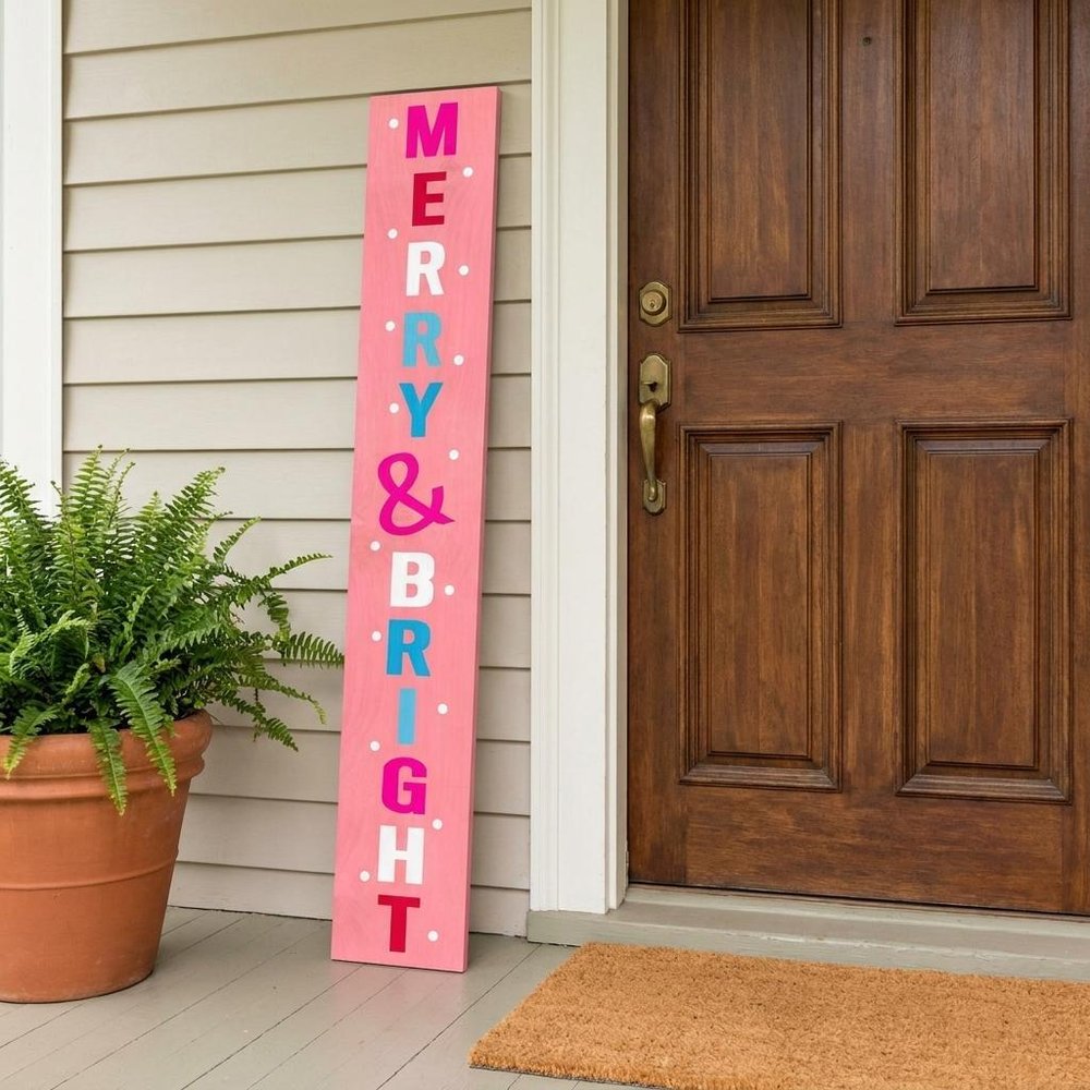 59" Pink And White Solid Wood Merry &amp; Bright Christmas Snow Scene Porch Sign