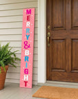 59" Pink And White Solid Wood Merry & Bright Christmas Snow Scene Porch Sign