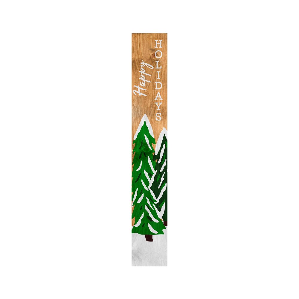 59" Green Natural And White Solid Wood Happy Holidays Christmas Christmas Trees Porch Sign