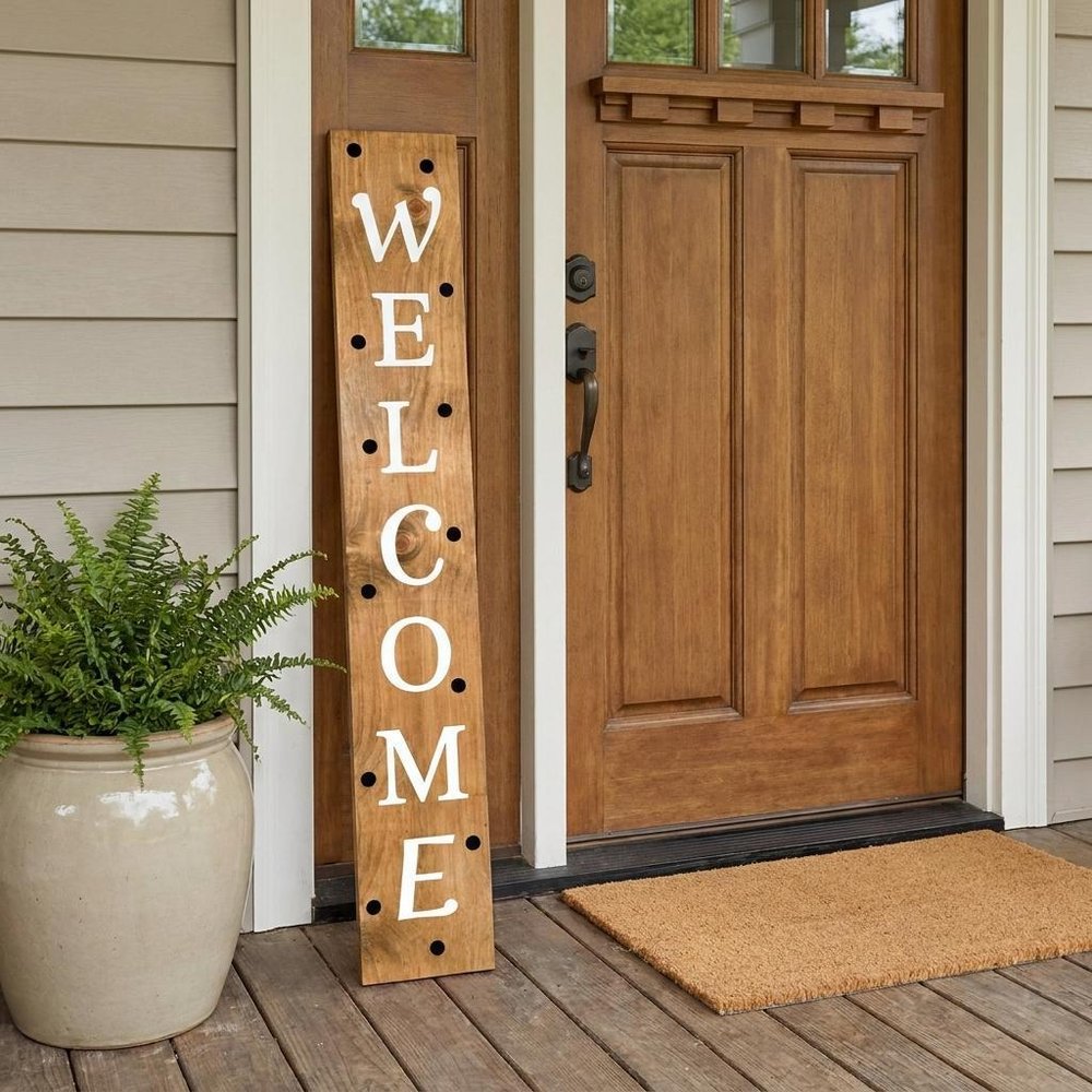 59" Black Natural And White Solid Wood Welcome Porch Sign