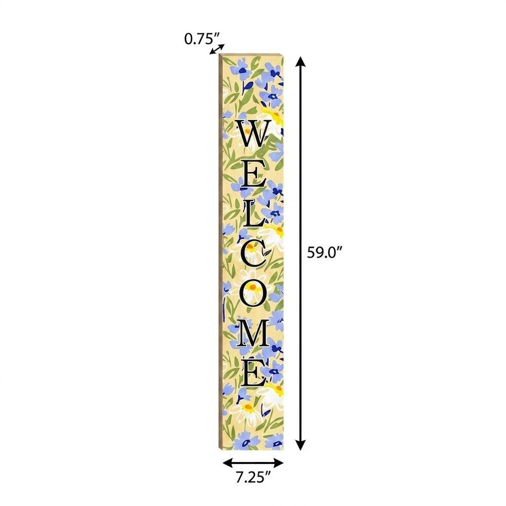 59" Black Blue Cream And Green Solid Wood Daisies Welcome Porch Sign