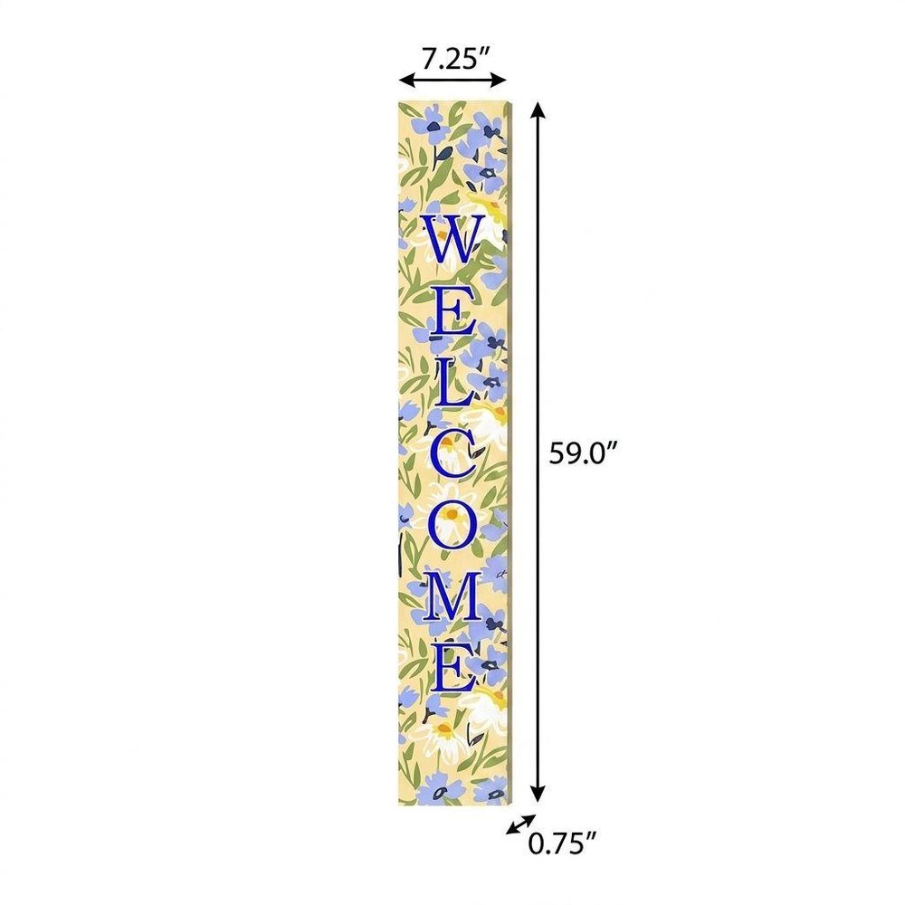 59" Black Blue Cream And Green Solid Wood Daisies Welcome Porch Sign