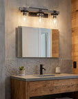 22" Gray Wood Metal And Glass Three Light Bath Bar Vanity Light