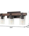 22" Brown Wood Metal And Glass Three Light Bath Bar Vanity Light